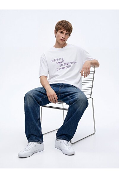 Ltb Slogan Printed Basic White T-Shirt