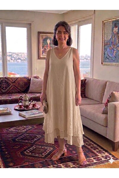 AYASOFYA OTANTIK Γυναικείο ιταλικό μπεζ φόρεμα με απλό σχέδιο, με φόδρα και τ...