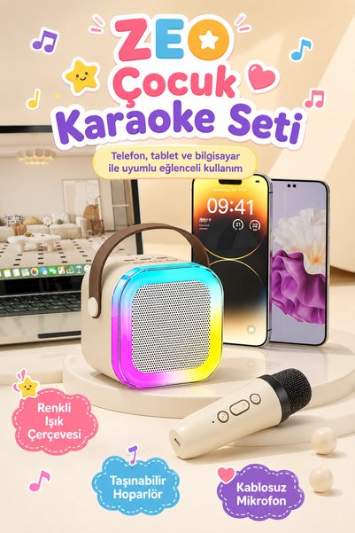 Zeo7 Kablosuz Mikrofonlu Bluetooth Karaoke Hoparlör RGB Işıklı USB TF Kart De...