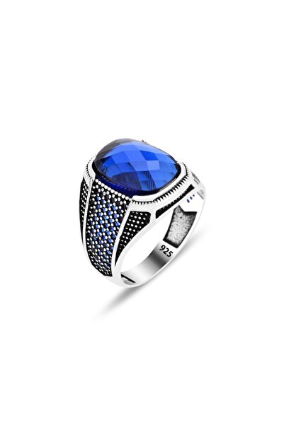 Mercan Silver 925 Ayar Gümüş Zircon Safir Taşlı Minimal Erkek Yüzük