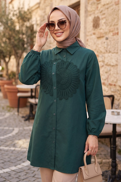 N.S NEVA STYLE Lace Pattern Detailed Petrol Green Hijab Tunic 50381Py