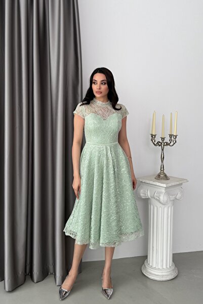 Serica Moda Mint Shoulder Detailed Lace Embroidered Sequined Midi Evening Dress