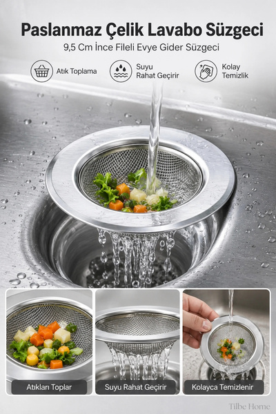 Tilbe Home Çelik Lavabo Süzgeci 9,5 cm İnce Fileli Evye Gider Süzgeç Mutfak Banyo Atık Tutucu Tümüne Uygun