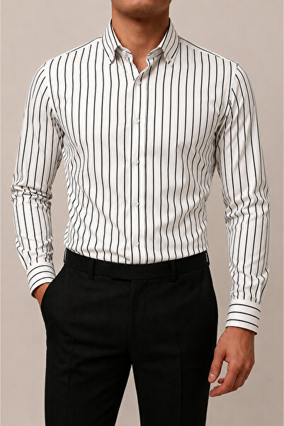 Zikuv White Striped Men's Slim Fit Satin Shirt Long Sleeve Stylish Shirt