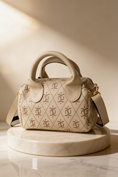 ents Women's Cream Patterned Mini Hand and Shoulder Bag Stylish Daily Use Zip...