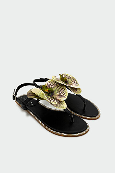 LAMİNTA Peta Orkide Detailed Stoned Women's Black Flat Sandals