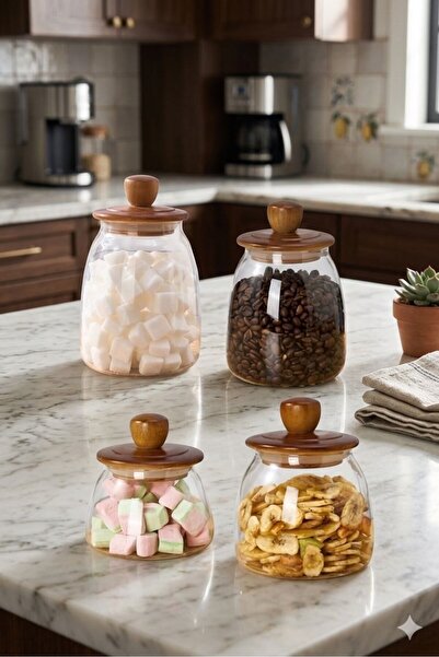 morponi 4-Piece Acacia Lid Herry Borosilicate Conical Glass Jar Set 500 -700-...