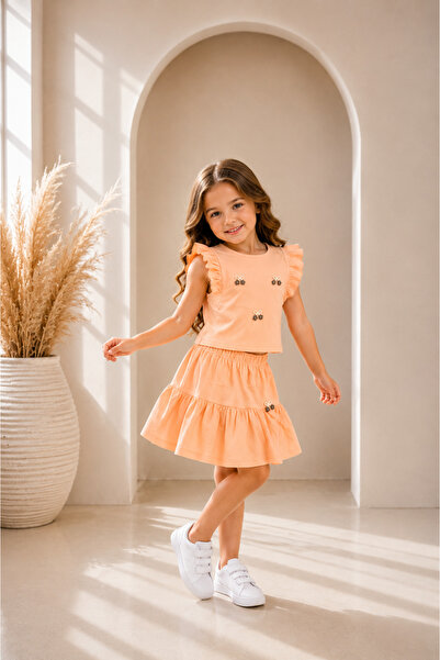zepkids Girl's Two-Piece Set Salmon Color Ruffle Sleeve Layered Skirt Set