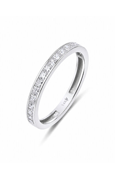 KAIROS JEWELRY 14 Ayar Beyaz Altın Prenses Kesim Yarımtur Taşlı Yüzük