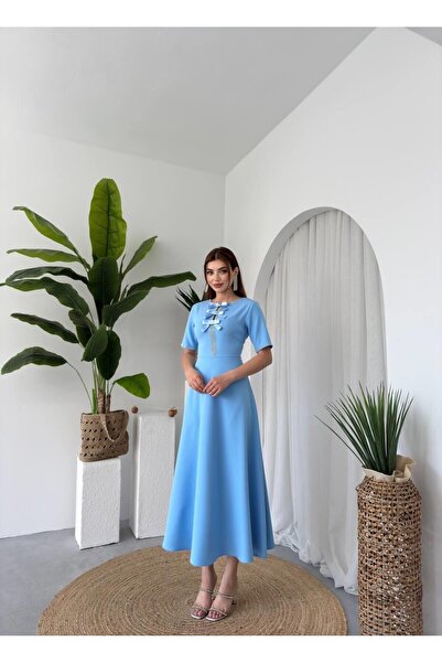 Caddebostan Moda Stylish Midi Length Evening Dress with Stone Bow Detail