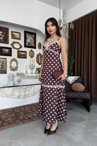 Caddebostan Moda Lace Detailed Polka Dot String Strap Thin Strap Midi Dress