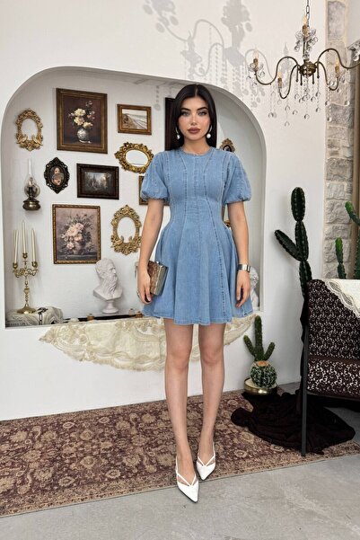 Caddebostan Moda Balloon Sleeve Mini Denim Dress Steel Corset Look Jeans Dress