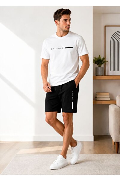 HerTarzınTrendi Men's Balance Printed Crew Neck Oversize T-Shirt Shorts Set S...