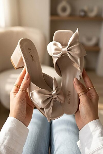DİVOLYA Bono Mink Satin Bow (7 cm) Heeled Daily Use Slippers