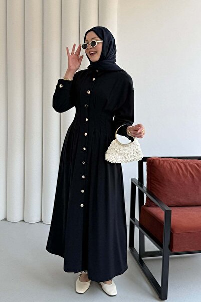 Modaensarbutik Bel Sason Detaylı Ön Düğmeli Linda Kumaş Tesettür Elbise-LACİVERT