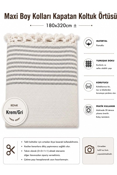 Mandaş Cream Gray - Cotton Non-Slip Wicker Woven Maxi Size Armrest Covering Sofa Cover (180X310)