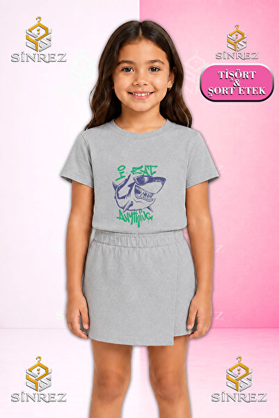 SİNREZ Girl's Set Shark Purple Green Printed Short Sleeve T-Shirt Shorts Skirt