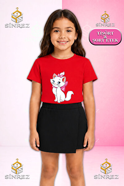 SİNREZ Set pentru fete KEDI KURDALELI YAN DURAN Tricou cu mânecă scurtă impri...