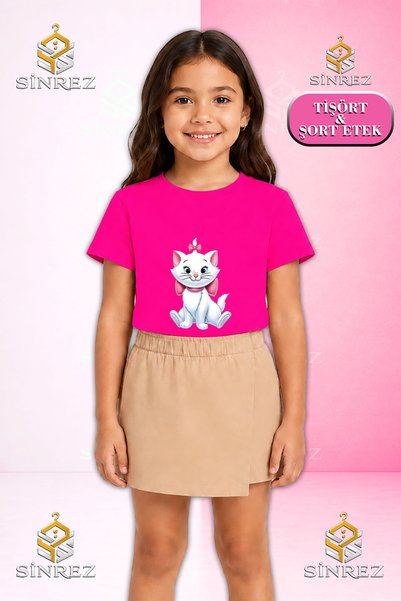 SİNREZ Set pentru fete KEDI KURDALELI YAN DURAN Tricou cu mânecă scurtă impri...
