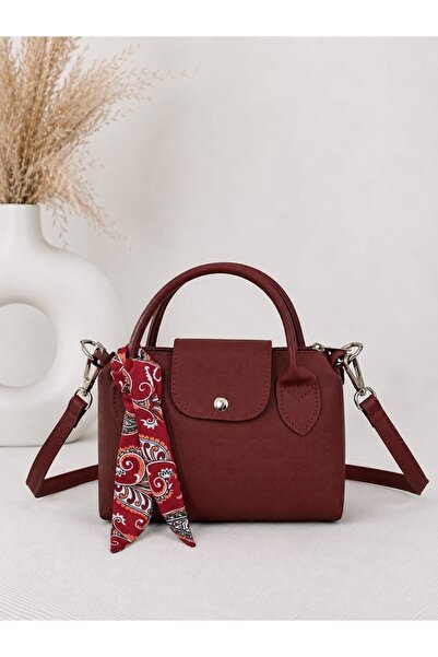 Kadın Bordo fular detaylı mini Çanta