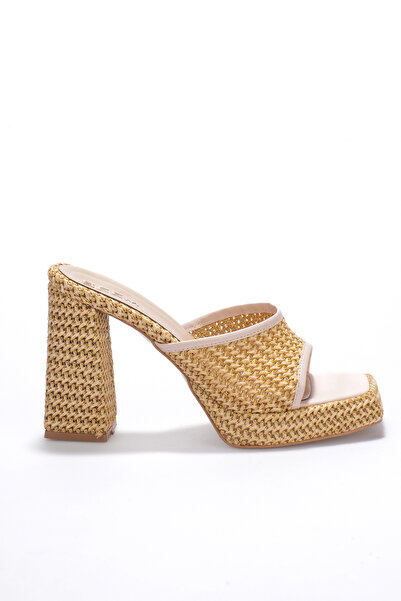 SEEM Sandra Platform Heeled Straw Beige Slippers