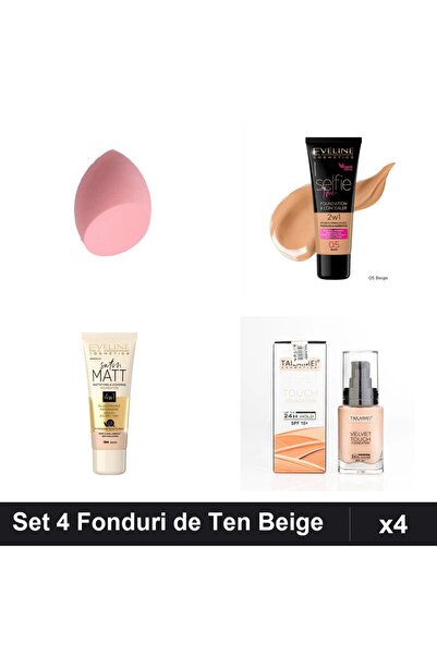 Eveline Set 4 Fonduri de Ten + Burete, Nuante Beige, Selfie Time & Satin Matt