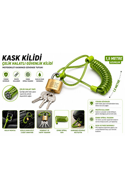Vi Caro yeşil Motosiklet Kask Güvenlik Kilidi Çelik Halatlı Spiral Kablo 3 An...