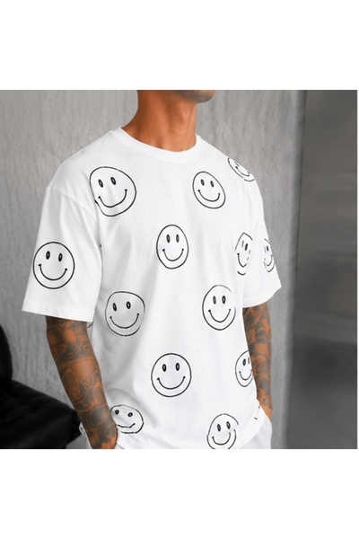 LOTS MODA Smiley Face Printed Oversize Unisex T-Shirt