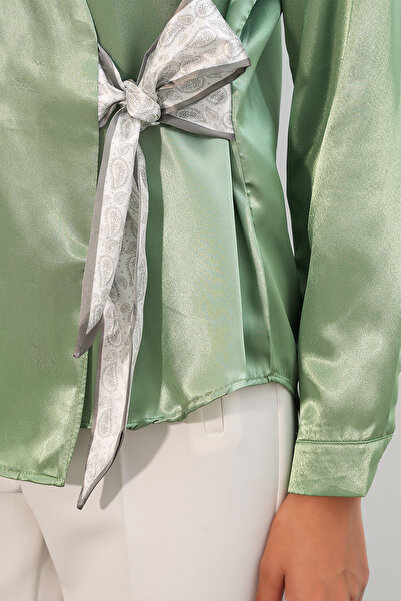 buğrahayalin Women's Double-Breasted Collar Belted Waist Satin Green Shirt