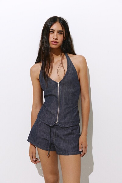 Pull & Bear Fermuarlı halter denim top