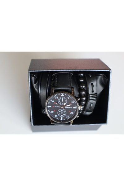 CTAL Set cadou bărbați 4pcs ceas quartz și brățări din piele, negru, argintiu...