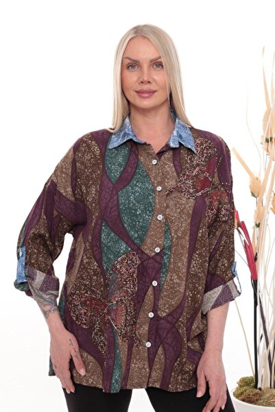 JERFİ Women's Plus Size Abstract Butterfly Printed Fabric Shirt
