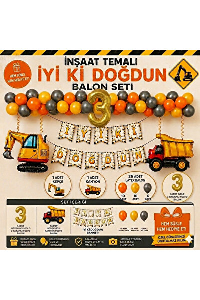 ÇAVUŞ E-TİCARET İnşaat Temalı İş Makinesi Konseptli Doğum Günü Parti Seti,Kep...