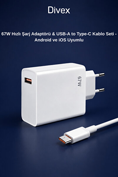 Divex 67W Android Uyumlu Hızlı Şarj Adaptörü ve Type-C Kablo Seti