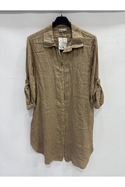 della moor Camel Italian Folded Long Sleeve Linen Tunic Shirt Dress 38 - 42 Size