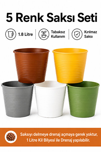 Arkhelais Saksı - Balkon Saksısı - Çiçek Saksısı 5’li Renkli Set 1.8 Litre Dr...
