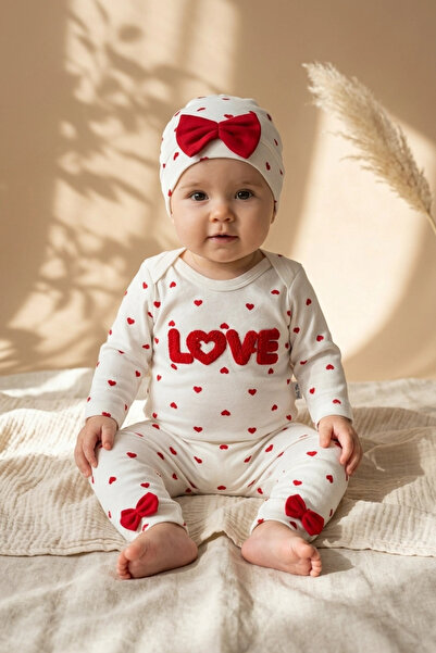 DYZSTAR 100% Cotton Love Heart Patterned 3-Piece Baby Set with Bow Detail - R...