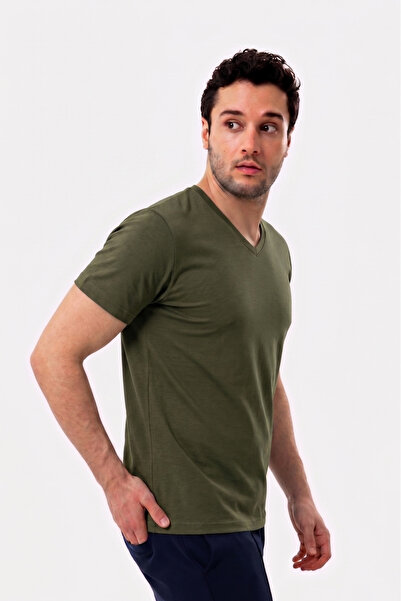 UNIQVIBE Organic Cotton Khaki Men's Short Sleeve V-Neck T-Shirt