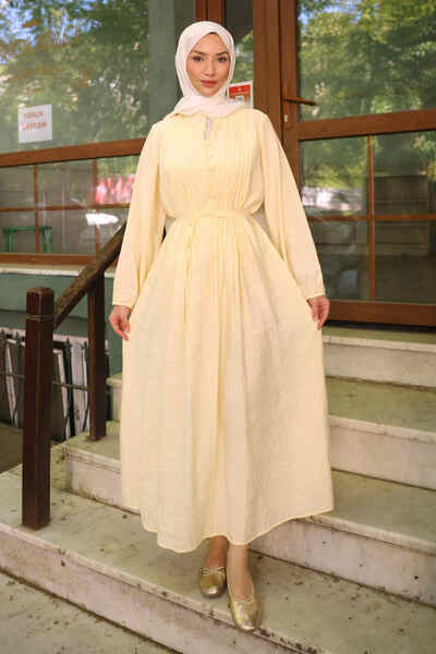 İmajButik Yellow Waist Tie Buttoned Dress