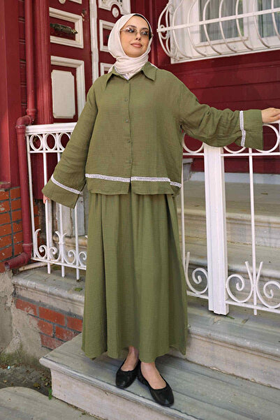 İmajButik Set de muselină kaki cu cămașă și fustă