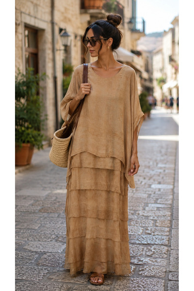 EREN STYLE Italian Vintage 2 Size Slimming Half Sleeve Layered Silk Dress
