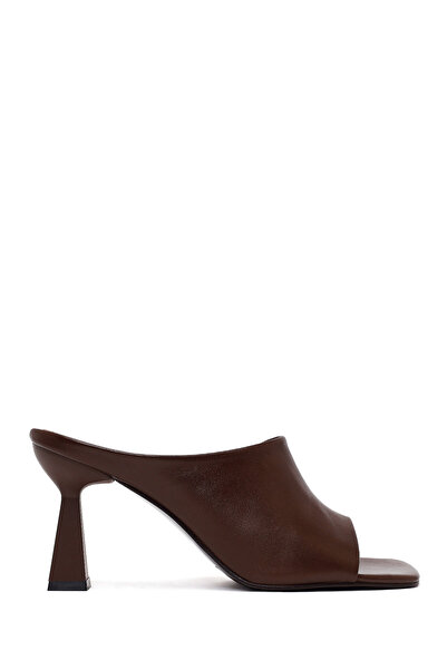 Derimod Women's Brown Heeled Leather Slippers 26Sfd133018