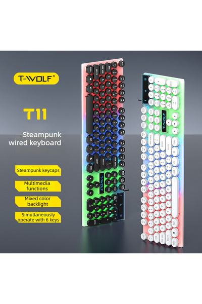 T-WOLF Thunder Wolf T11 Punk Keyboard Retro Round Key Cap Wired USB Mechanica...
