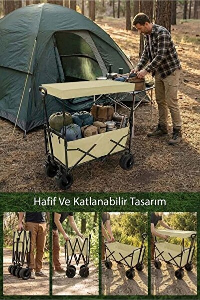 Kiwi Pro Katlanabilir 120 kg Çift Tekerli Tenteli Kamp, Piknik, Plaj, Pazar ve Market Arabası Bej