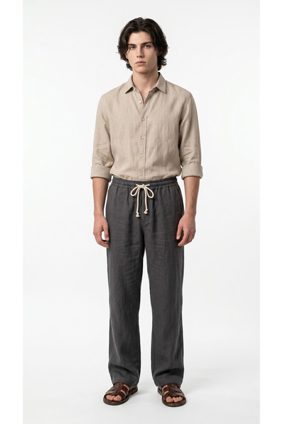 BADESSA Men's Smoked Comfortable Fit Linen Muslin Trousers Lightweight Casual...