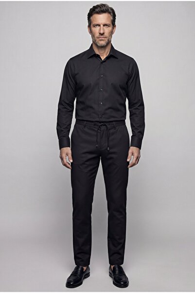 Bisse Black Regular Fit Cotton Pocketless Classic Long Collar Shirt