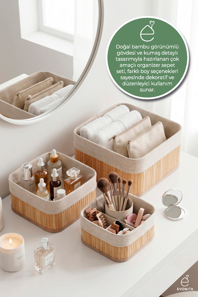 EVONİTA 3’lü Kare Kumaş Organizer Sepet Dekoratif Raf Dolap İçi Düzenleyici Ç...