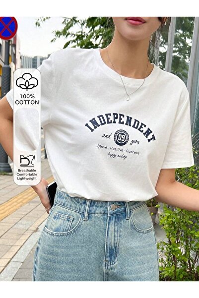 Vordevia Independent Printed White Oversize Unisex T-Shirt Basic Comfortable ...