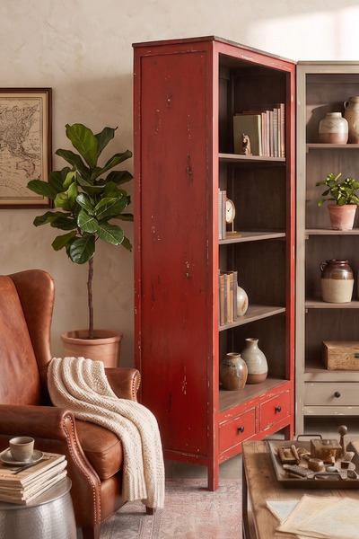 AdnDesing Vintage Ahşap Kitaplık Salon Ofis Dolabı Eskitme Mavi Masif Kitaplı...