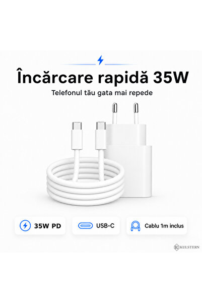 Kulstern Încărcător Rapid 35W USB-C pentru iPhone 15/16/17, Samsung S25/S24/S23, Cablu USB-C 1m Inclus, Fast Charge PD, Xiaomi, iPad, AirPods, Kulstern™